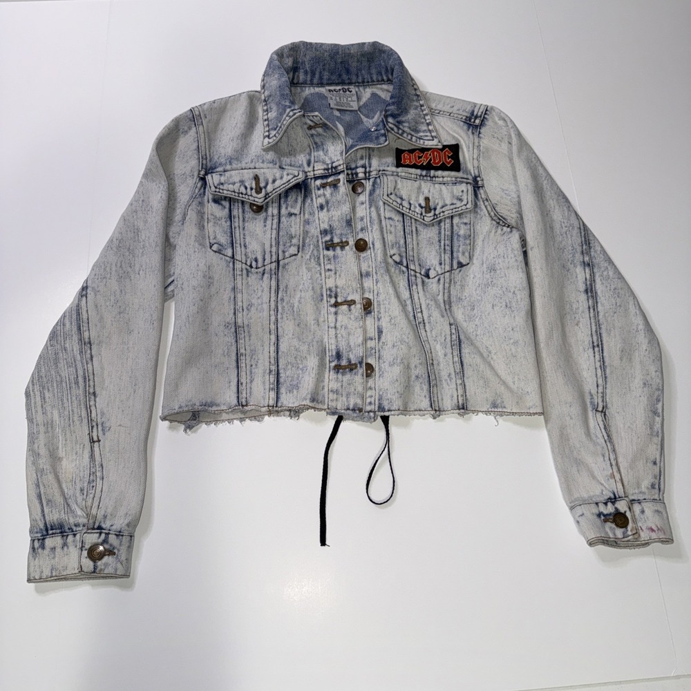 AC/DC Cropped Denim Jacket Womens Lace Up Back Acid‎ Wash Rock Band Jean Jacket